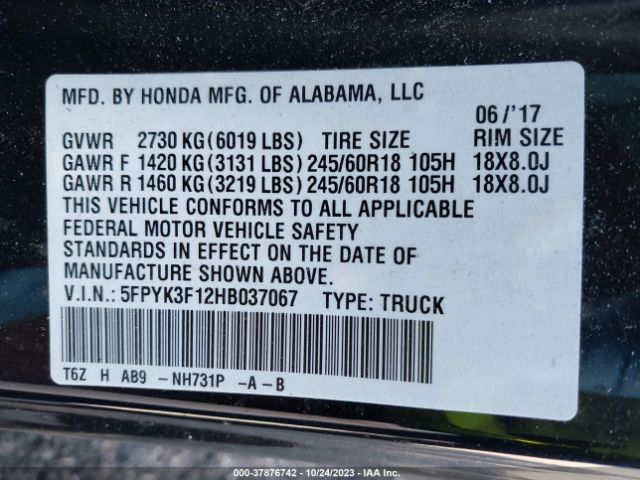 5FPYK3F12HB037067 Honda Ridgeline Sport