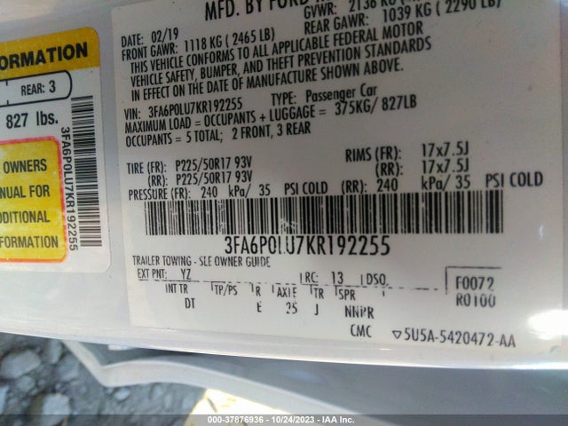 Ford Fusion Hybrid Se 2019 3FA6P0LU7KR192255 Image 9