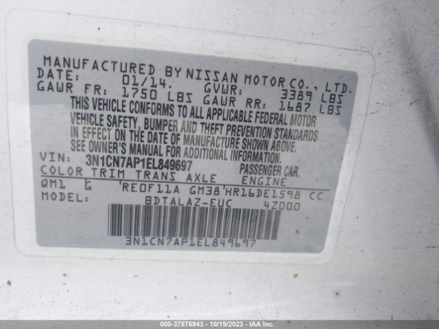 3N1CN7AP1EL849697 Nissan Versa S Plus