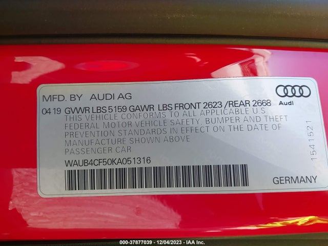WAUB4CF50KA051316 Audi S5 3.0t Premium