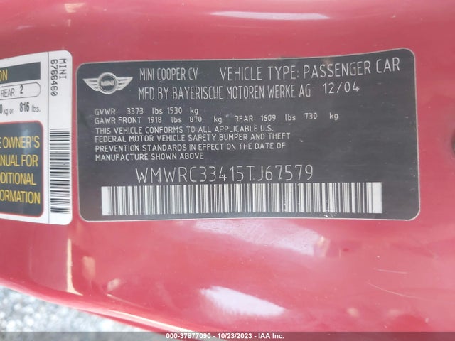2005 MINI COOPER HARDTOP WMWRC33415TJ67579 Photo 8