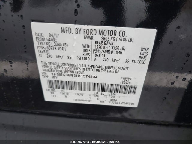 2017 FORD EXPLORER VIN: 1FM5K8B83HGC74504