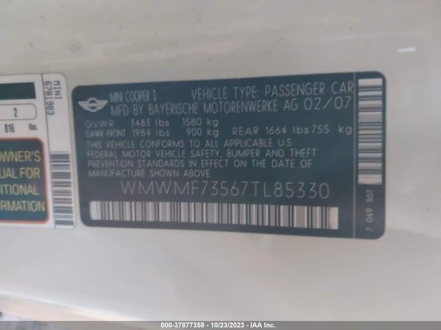 2007 MINI COOPER HARDTOP WMWMF73567TL85330 Photo 8