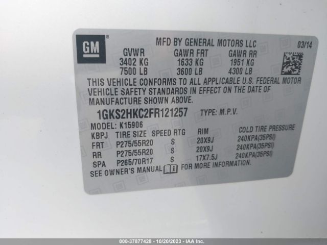 1GKS2HKC2FR121257 GMC Yukon Xl 1500 Slt
