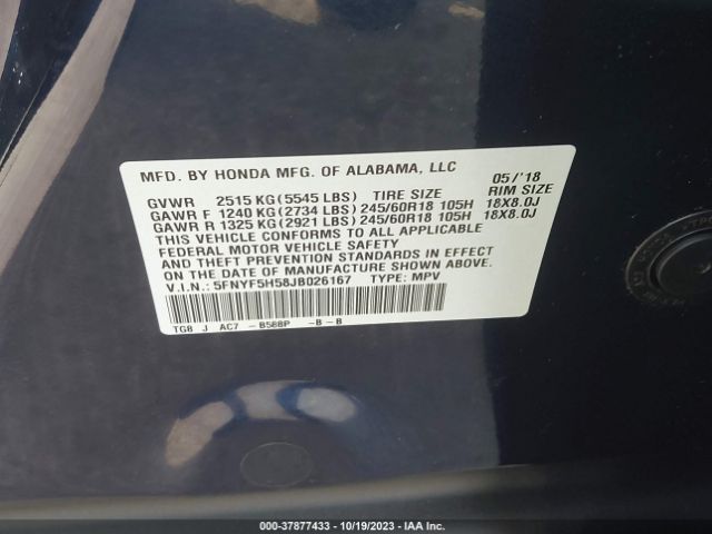 5FNYF5H58JB026167 Honda Pilot Ex-l