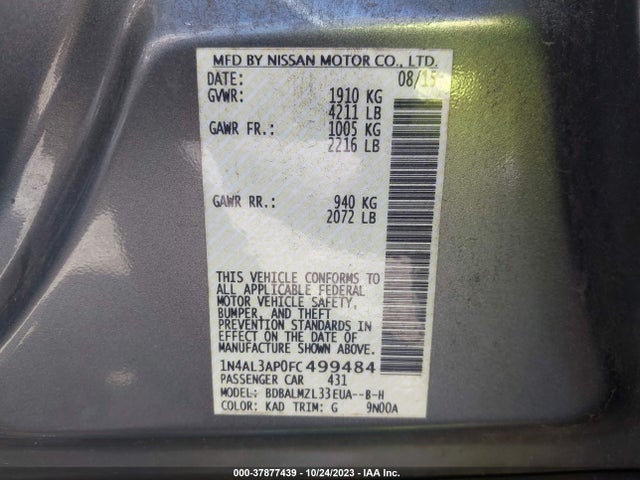 2015 NISSAN ALTIMA 2.5 SV VIN: 1N4AL3AP0FC499484