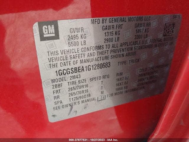 Chevrolet Colorado Wt 2016 1GCGSBEA1G1280683 Image 9