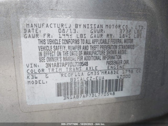 2013 NISSAN SENTRA S VIN: 3N1AB7AP7DL770548