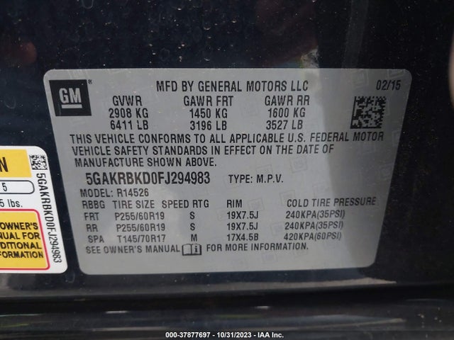 2015 BUICK ENCLAVE LEATHER VIN: 5GAKRBKD0FJ294983