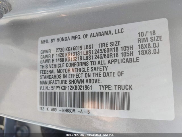 Honda Ridgeline Sport 2019 5FPYK3F12KB021961 Image 9