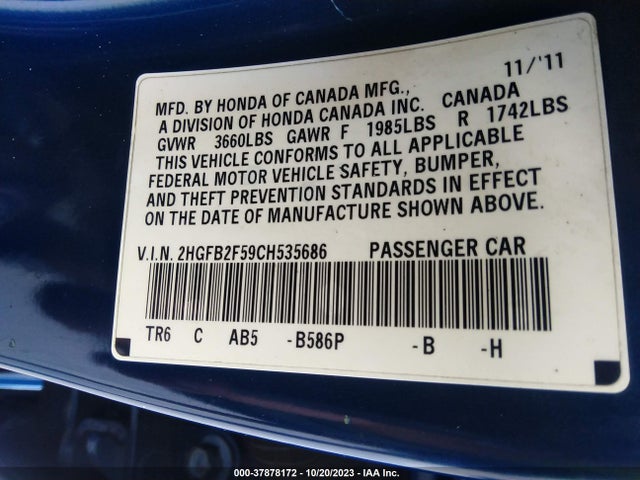 2012 HONDA CIVIC SDN LX VIN: 2HGFB2F59CH535686