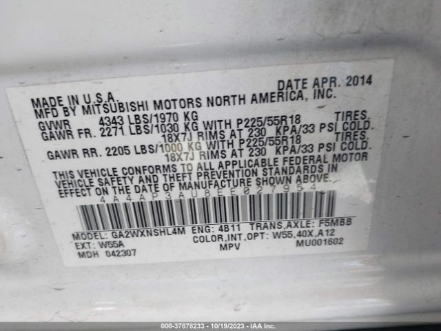 4A4AP3AU8EE027954 Mitsubishi Outlander Sport Es