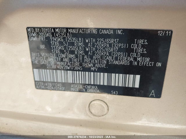 2011 TOYOTA RAV4 VIN: 2T3BF4DV2BW173845