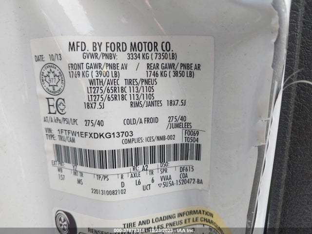 2013 FORD F-150 XLT VIN: 1FTFW1EFXDKG13703