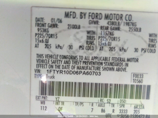 2006 FORD RANGER XL/XLT VIN: 1FTYR10D06PA60703