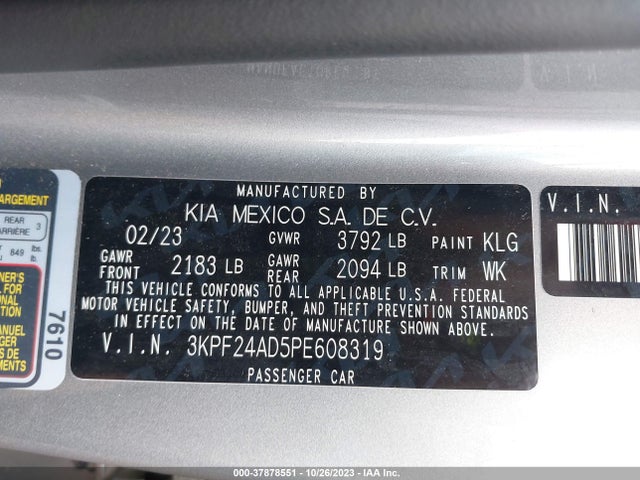 2023 KIA FORTE LXS VIN: 3KPF24AD5PE608319