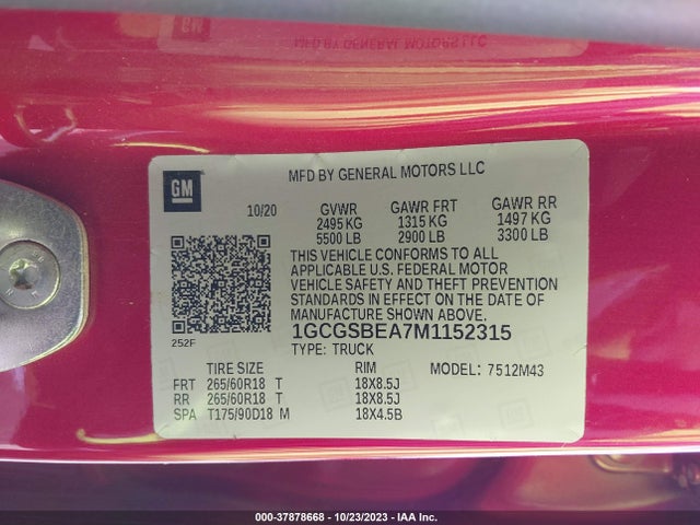 2021 CHEVROLET COLORADO 2WD SHORT BOX WT VIN: 1GCGSBEA7M1152315