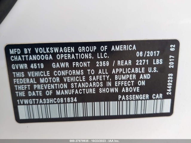 1VWGT7A33HC081834 Volkswagen Passat 1.8t Se W/technology