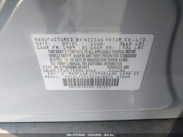 2021 NISSAN KICKS SR XTRONIC CVT VIN: 3N1CP5DV0ML521517