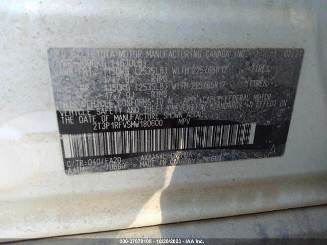 2021 TOYOTA RAV4 XLE VIN: 2T3P1RFV5MW180600
