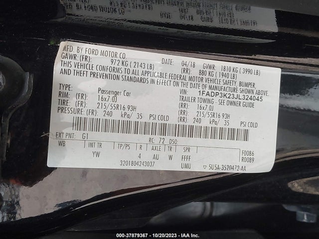2018 FORD FOCUS SE VIN: 1FADP3K23JL324045