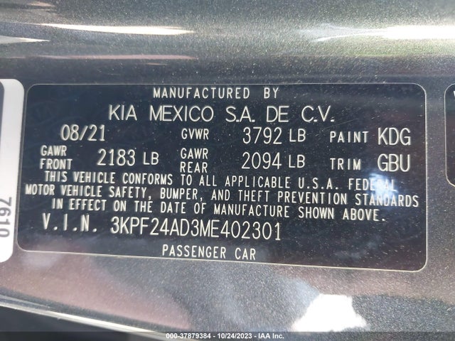 2021 KIA FORTE LXS VIN: 3KPF24AD3ME402301