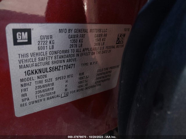 GMC ACADIA SLT 2017 1GKKNULS6HZ170471 Image 9
