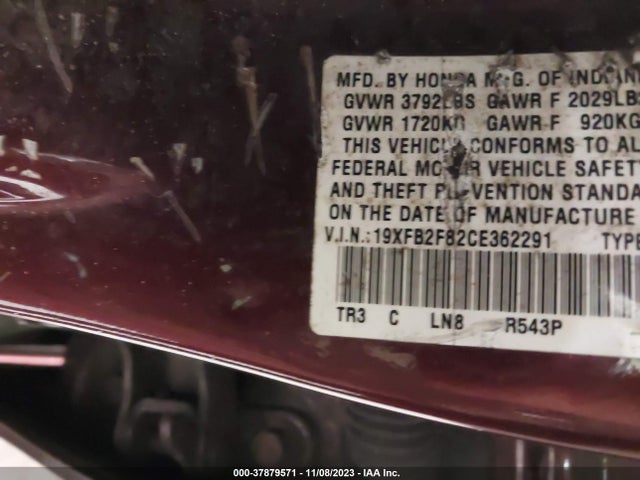 2012 HONDA CIVIC SDN EX VIN: 19XFB2F82CE362291