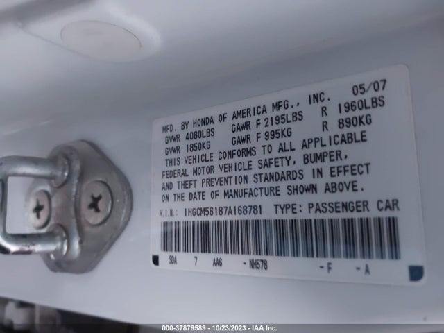 2007 HONDA ACCORD SDN VP VIN: 1HGCM56187A168781