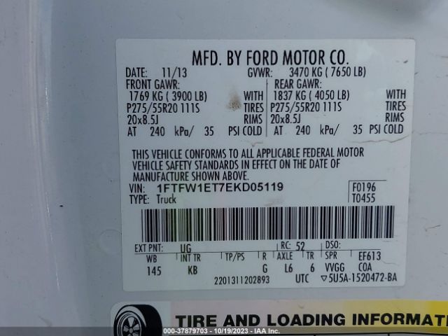 1FTFW1ET7EKD05119 Ford F-150 Xl/xlt/fx4/lariat