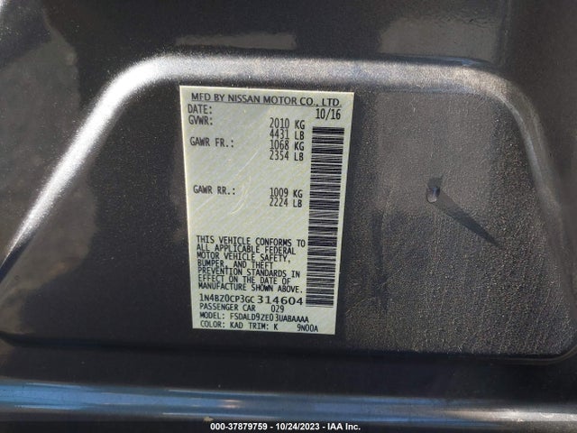 2016 NISSAN LEAF SV VIN: 1N4BZ0CP3GC314604
