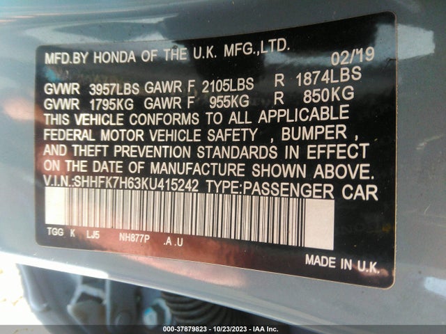 Honda CIVIC EX 2019 SHHFK7H63KU415242 Image 9