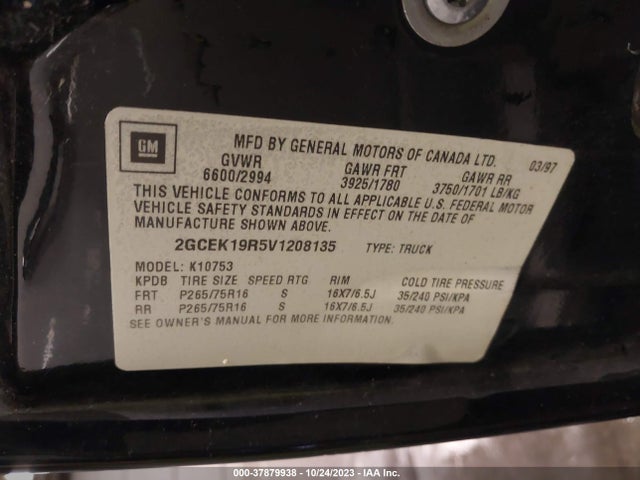 1997 CHEVROLET C/K 1500 VIN: 2GCEK19R5V1208135