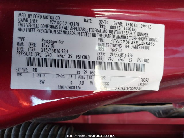 2014 FORD FOCUS SE VIN: 1FADP3F27EL398455