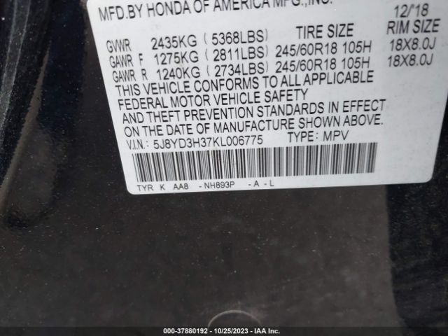 5J8YD3H37KL006775 Acura Mdx Standard