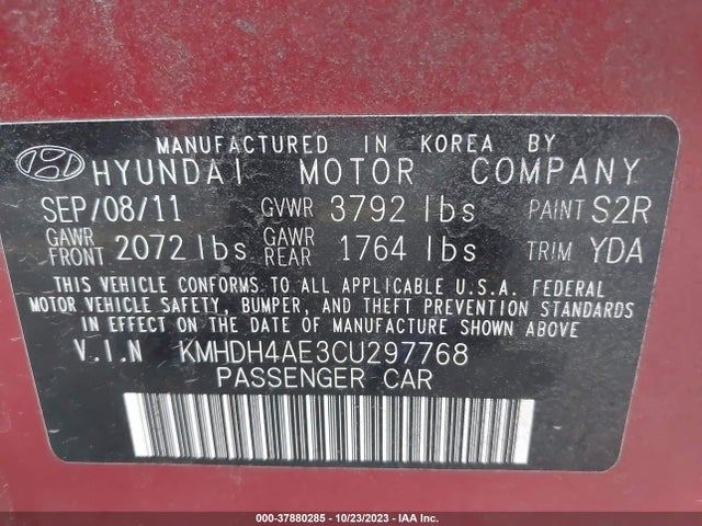 2012 HYUNDAI ELANTRA GLS PZEV VIN: KMHDH4AE3CU297768