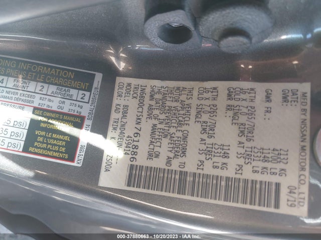 2019 NISSAN FRONTIER SV-I4 VIN: 1N6BD0CT5KN761886