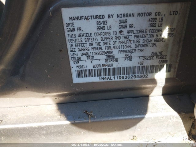 2003 NISSAN ALTIMA S VIN: 1N4AL11D63C294502