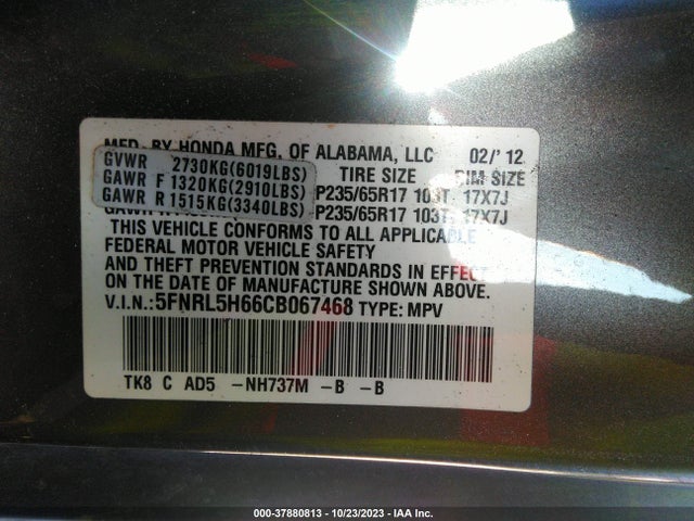 2012 HONDA ODYSSEY EX-L VIN: 5FNRL5H66CB067468