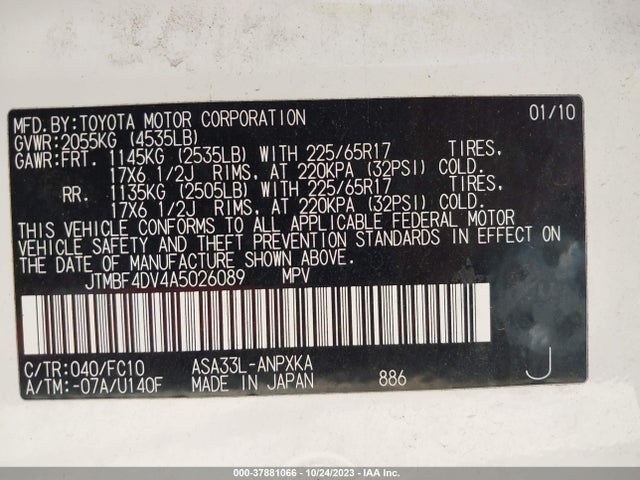 2010 TOYOTA RAV4 VIN: JTMBF4DV4A5026089