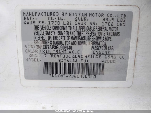 Nissan VERSA S 2016 3N1CN7AP3GL906940 Image 9