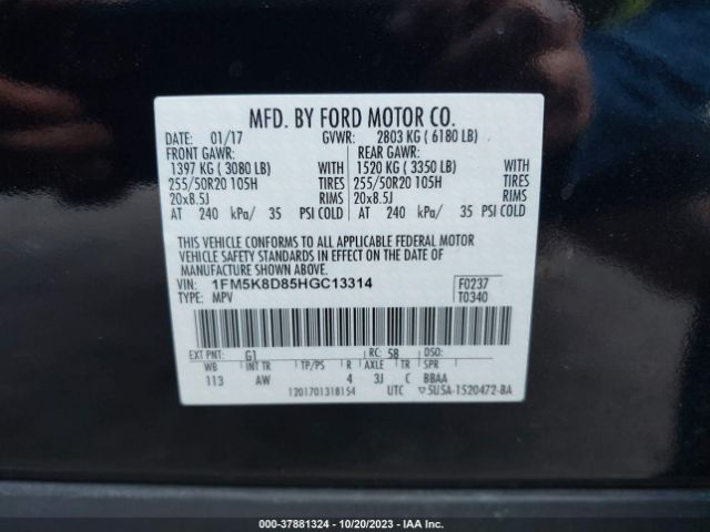 1FM5K8D85HGC13314 Ford EXPLORER XLT