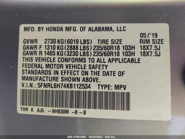 2019 HONDA ODYSSEY EX-L VIN: 5FNRL6H74KB112534