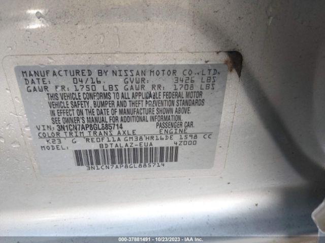 3N1CN7AP8GL885714 Nissan Versa S Plus