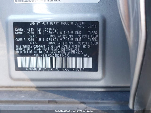 Aukcja sprzedaży 2011 Subaru Outback 3.6r, vin: 4S4BRDAC6B2314222, numer aukcji: 37881509