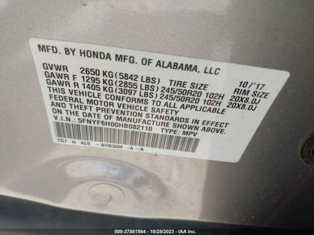 5FNYF6H00HB082110 Honda Pilot Elite