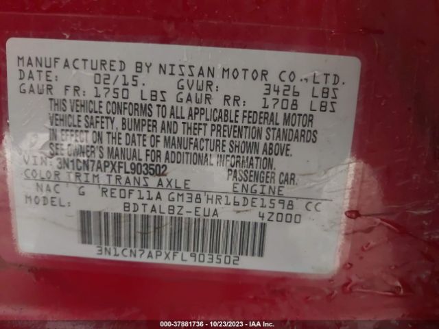 3N1CN7APXFL903502 Nissan Versa S/s Plus/sl/sv