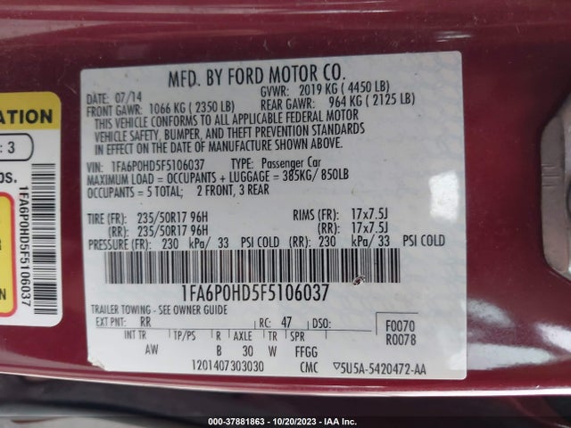 Ford FUSION SE 2015 1FA6P0HD5F5106037 Image 9