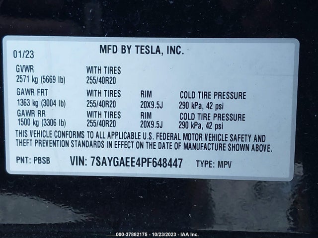 2023 TESLA MODEL Y AWD/LONG RANGE DUAL MOTOR ALL-WHEEL DRIVE VIN: 7SAYGAEE4PF648447