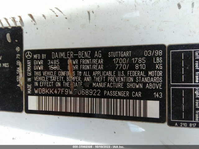 1998 MERCEDES-BENZ SLK 230 VIN: WDBKK47F9WF068922